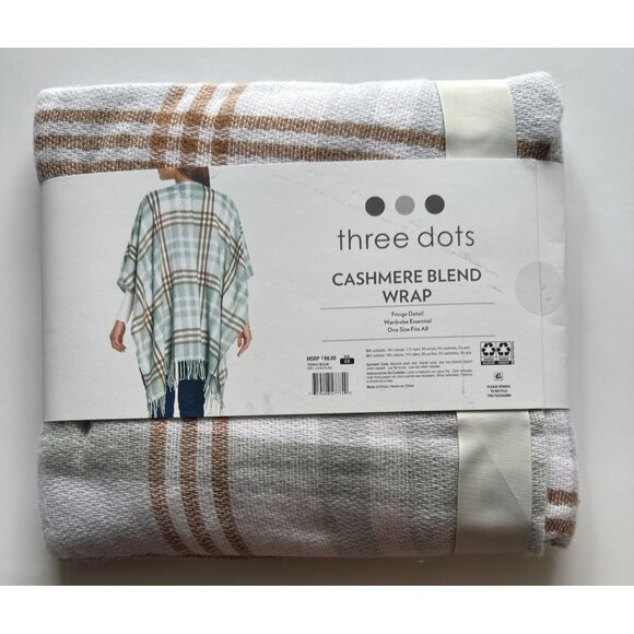 Three Dots Cashmere Blend Wrap With Fringe Detail In Grey Louisa Plaid  One Size - Picture 4 of 6